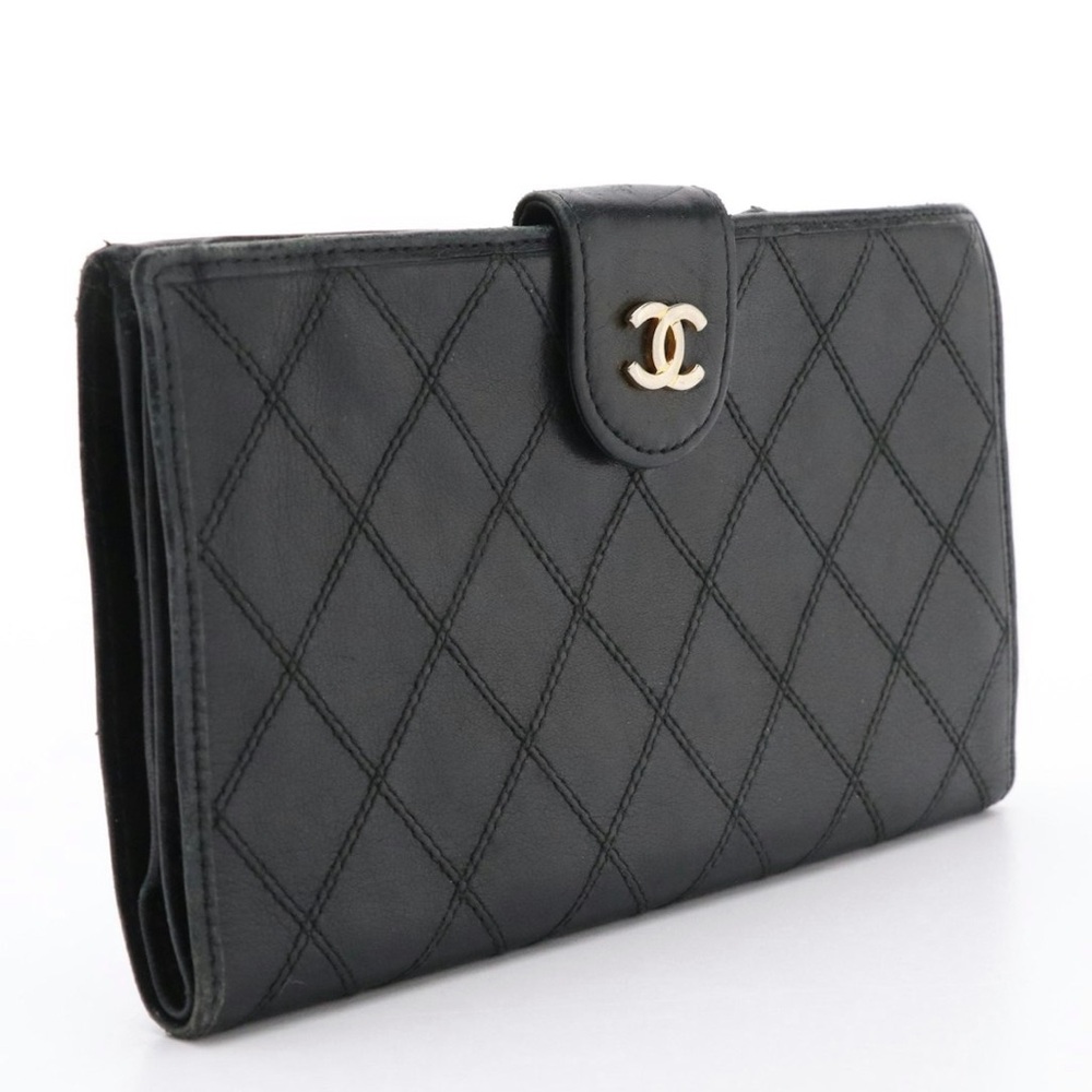 CHANEL Black Quilted Wallet Gold CC Vintage Karl Luxury Leather Large Good Fair